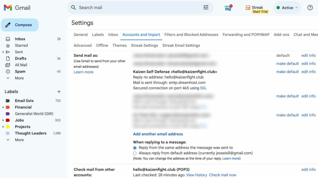 Managing multiple email addresses from one inbox