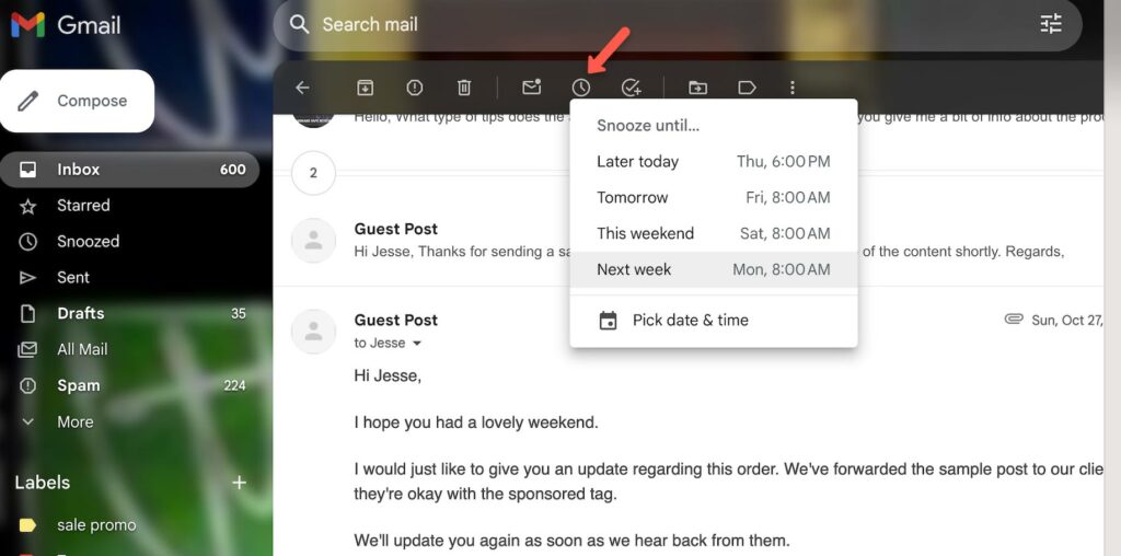 Snoozing emails in Gmail