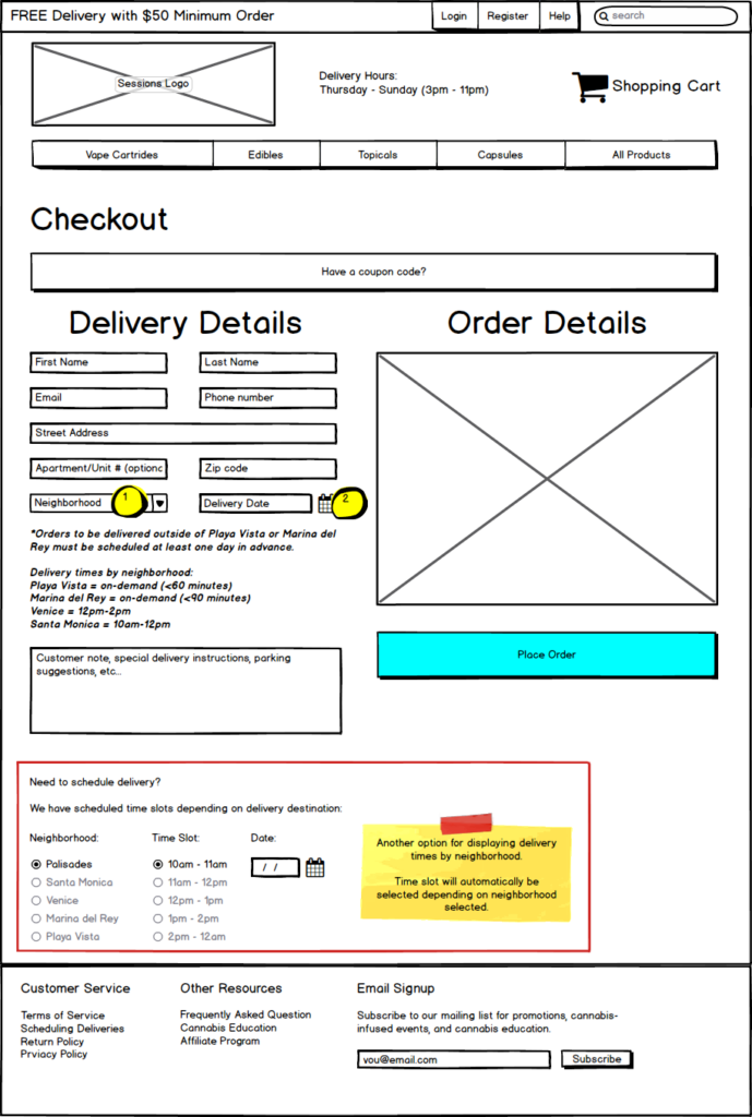 Sessions order checkout scheduling wireframe